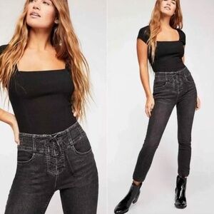 We The Free People Curvy Lovers Knot Black High Waist Lace Up Skinny Jeans